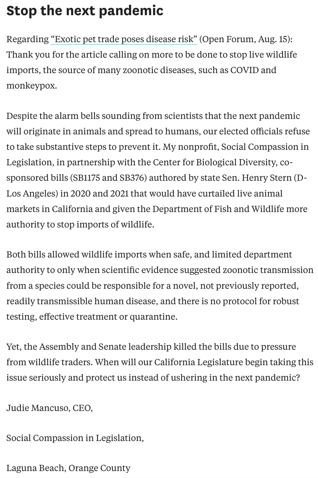 letters to the editor exotic animals regulated 2
