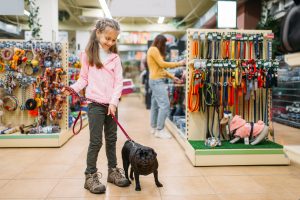 Little girl with puppy in pet shop, friendship