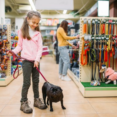 Little girl with puppy in pet shop, friendship